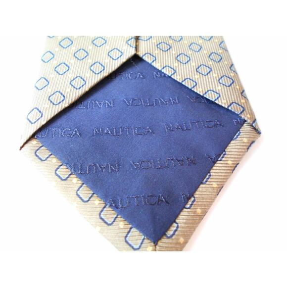 Nautica Mens Tie 100% Silk Neckwear Greenish Brown Blue Yellow Diamond Pattern - Picture 6 of 8